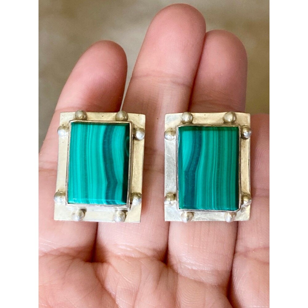 Signed Ais Mexico Sterling Silver Malachite Clip On Earrings